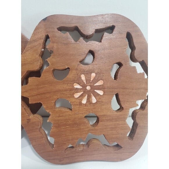 Lot of 3 Vintage Hand Carved Solid Wood Octagon Folk Art Trivet India - Picture 4 of 9